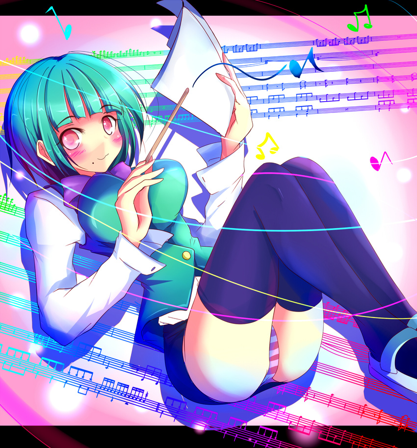 bad_id bad_pixiv_id baton_(instrument) blush green_hair highres idolmaster idolmaster_(classic) mole mole_under_mouth musical_note natsu_(anta_tte_hitoha) otonashi_kotori panties paper red_eyes short_hair solo striped striped_panties thighhighs underwear