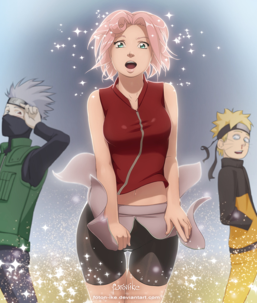 2boys absurdres bike_shorts blonde_hair forehead_protector foton-ike haruno_sakura hatake_kakashi highres multiple_boys naruto naruto_(series) pink_hair short_hair thigh_gap uzumaki_naruto wind wind_lift