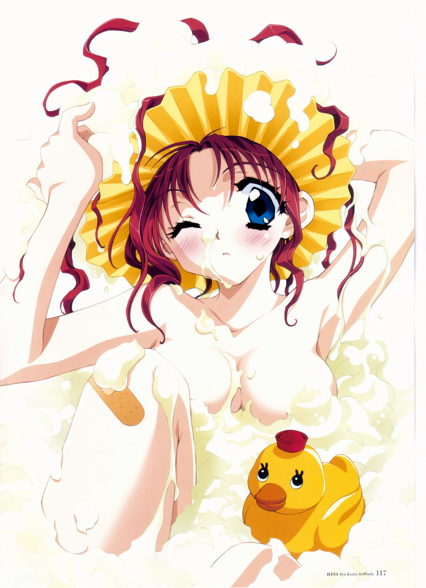 armpits bandaid bandaid_on_knee bangs bath bathing blue_eyes blush breasts bubble_bath convenient_censoring frown hair_up highres kadoi_aya knee_up large_breasts long_hair looking_at_viewer nude one_eye_closed original page_number parted_bangs partially_submerged red_hair rubber_duck scan shampoo shampoo_hat sitting soap_bubbles soap_censor solo toy washing_hair wavy_hair wince