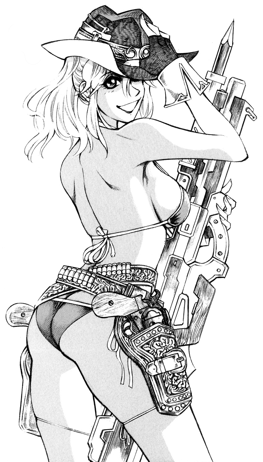 absurdres arched_back ass bandolier belt bikini breasts butt_crack cleavage cosplay excellen_browning fingerless_gloves gloves greyscale gun handgun harken_browning hat highres holster large_breasts looking_back monochrome revolver sideboob solo string_bikini string_panties super_robot_wars super_robot_wars_og_saga_mugen_no_frontier super_robot_wars_original_generation swimsuit thighhighs weapon yatsufusa_tatsunosuke