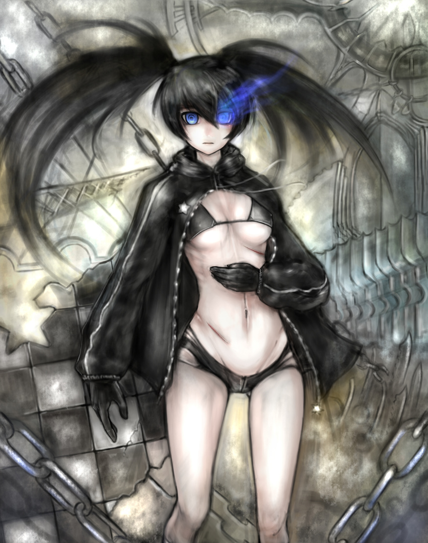 bikini_top black_hair black_rock_shooter black_rock_shooter_(character) blue_eyes girlsay glowing glowing_eyes highres long_hair midriff navel pale_skin scar shorts solo twintails very_long_hair