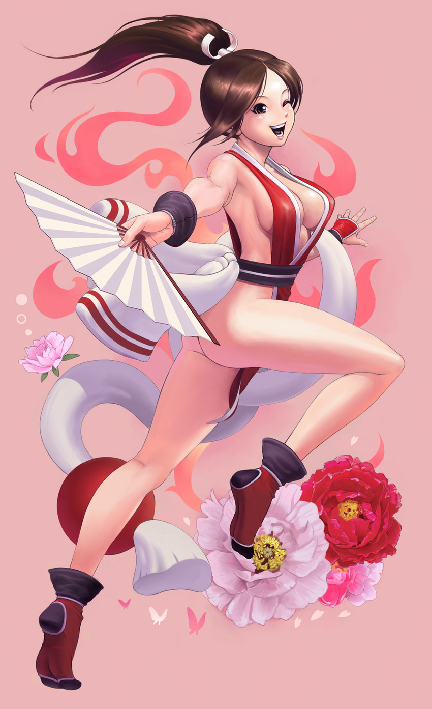 breasts brown_eyes brown_hair cleavage fan fatal_fury flower folding_fan highres large_breasts legs long_hair long_legs one_eye_closed pelvic_curtain ponytail revealing_clothes sakkan shiranui_mai smile solo the_king_of_fighters