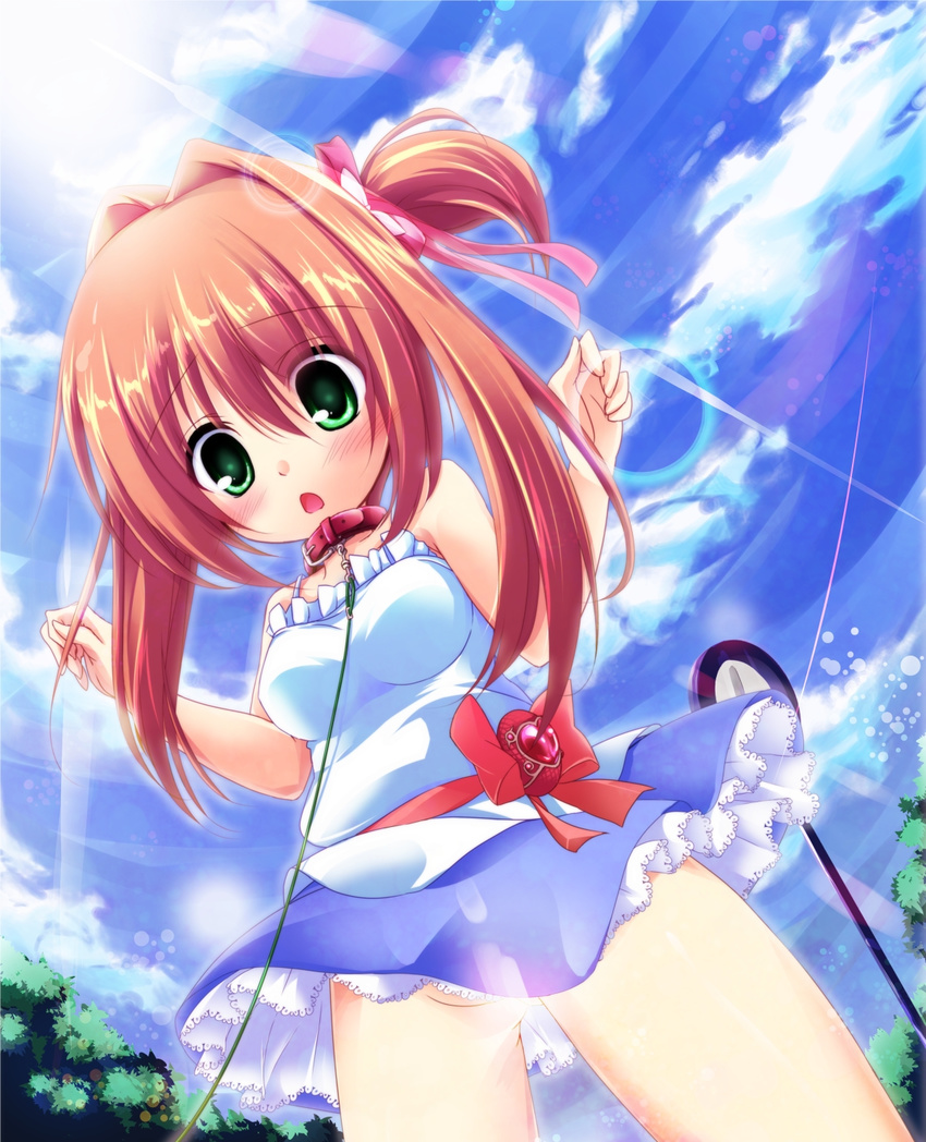 bad_id bad_pixiv_id bare_shoulders brown_hair collar green_eyes highres jewelpet_(series) jewelpet_twinkle leash no_panties sakura_akari shiina_yuuki solo wind wind_lift