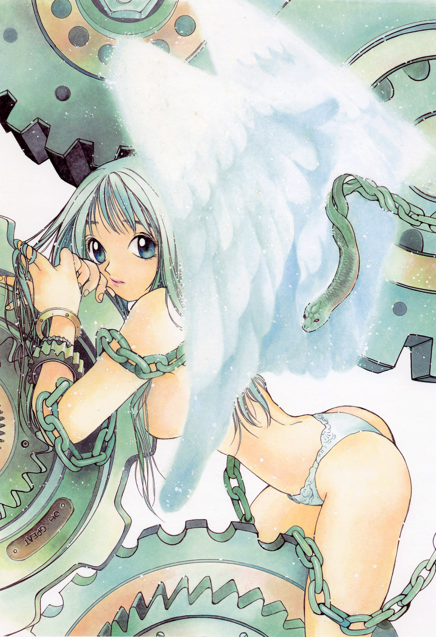 absurdres angel_wings aqua_hair ass back bdsm bent_over blue_eyes bondage bound breasts chain gears hair_censor hair_over_breasts highres lace lace_panties large_breasts lipstick long_hair looking_back makeup official_art oogure_ito panties scan sideboob silky_whip snake solo straddling thong tomo_(silky_whip) topless underwear underwear_only white_panties wings