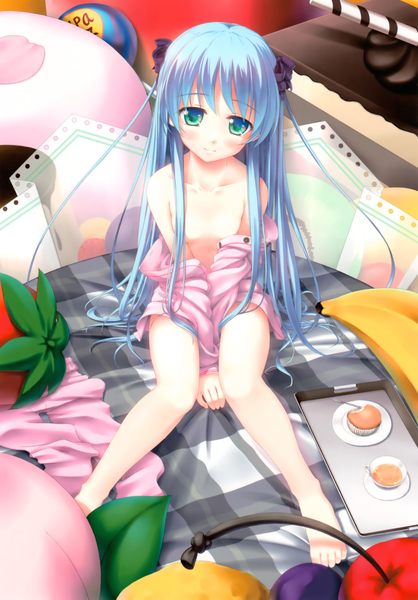 absurdres aqua_eyes aqua_hair barefoot between_legs cake censored collarbone convenient_censoring copyright_request food hair_censor hair_ornament hand_between_legs highres kazami_haruki legs long_hair looking_at_viewer pajamas pillow sitting smile solo tea topless v_arms very_long_hair