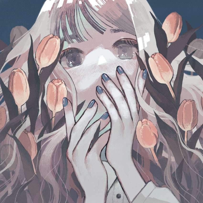 1girl bangs blue_background blue_nails covering_mouth flower grey_eyes grey_hair hanio3 highres leaf long_hair long_sleeves looking_at_viewer original pink_flower pink_tulip plant shirt simple_background solo tulip white_shirt