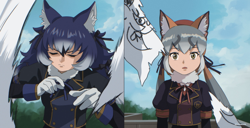 2girls animal_costume animal_ear_fluff animal_ears beleven blazer blue_hair dire_wolf_(kemono_friends) fox_ears fox_girl gloves grey_hair gundam gundam_wing hat highres island_fox_(kemono_friends) jacket kanihai kemono_friends kemono_friends_v_project long_hair multicolored_hair multiple_girls orange_hair parody ribbon scarf twintails virtual_youtuber wolf_costume wolf_ears wolf_girl yellow_eyes