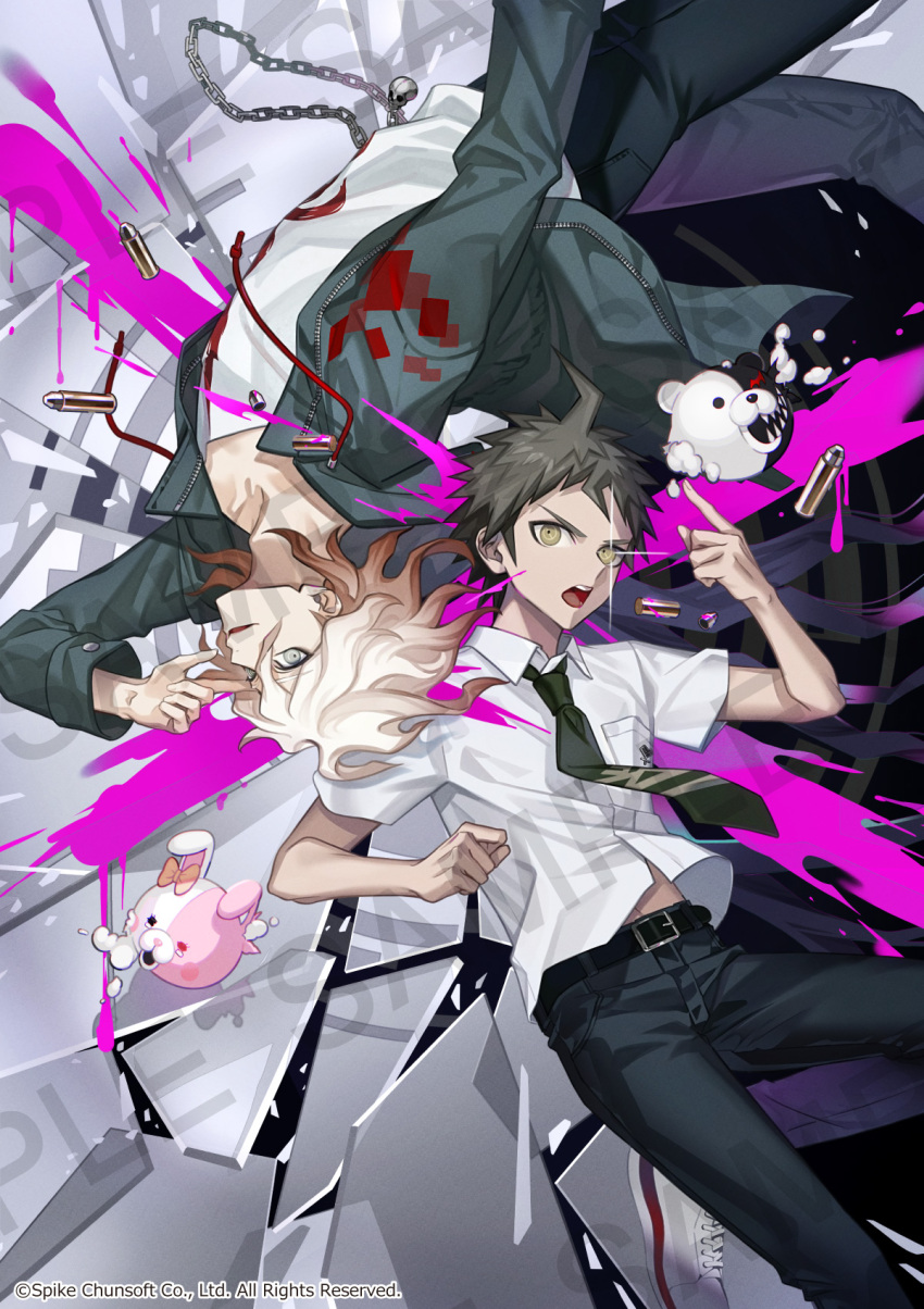 2boys :d ahoge bangs belt black_belt black_pants broken_glass brown_hair bullet chain danganronpa_(series) danganronpa_2:_goodbye_despair ear_bow glass green_jacket green_necktie grey_background grey_eyes grey_hair hair_between_eyes highres hinata_hajime jacket komaeda_nagito long_sleeves looking_at_viewer messy_hair monokuma monomi_(danganronpa) multicolored_hair multiple_boys necktie open_clothes open_jacket open_mouth pants print_shirt shirt short_hair short_sleeves smile takerunamito teeth two-tone_hair upper_teeth white_shirt