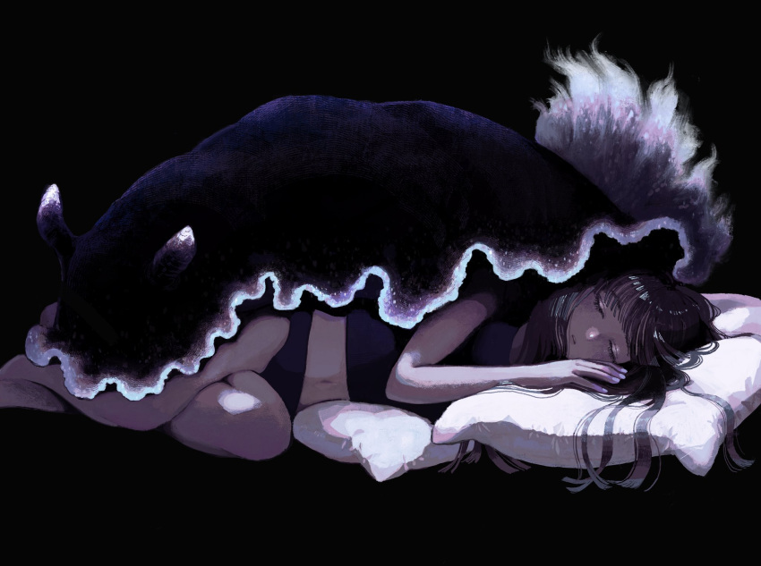 1girl animal black_background black_panties closed_eyes feet_out_of_frame hanio3 highres navel original oversized_animal panties parted_lips pillow sea_slug simple_background sleeping solo underwear white_nails