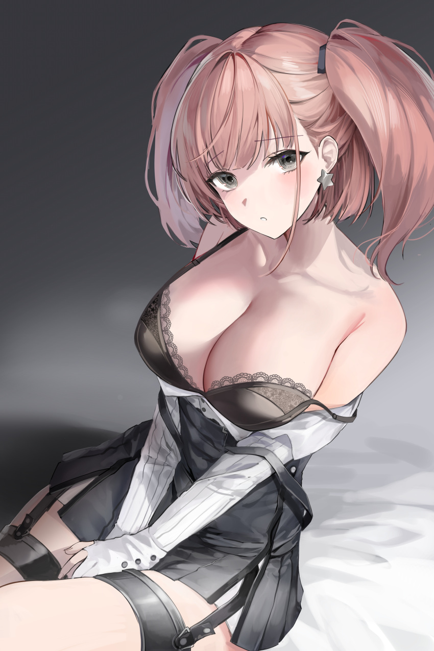 1girl absurdres atlanta_(kancolle) breasts brown_hair cleavage earrings garter_belt garter_straps grey_eyes hair_ornament high-waist_skirt highres jewelry kantai_collection large_breasts lillly long_hair long_sleeves shirt sitting skirt solo star_(symbol) star_earrings suspenders thighs two_side_up white_shirt