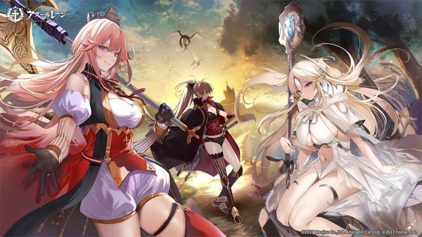 3girls artist_request asymmetrical_legwear azur_lane black_coat black_dress black_gloves black_shorts blonde_hair blue_eyes boots breasts brest_(azur_lane) brown_footwear brown_hair cape cleavage clothing_cutout coat coat_on_shoulders corset crown detached_sleeves dragon dress feet_out_of_frame full_body gloves half_gloves highleg highleg_panties highres holding holding_polearm holding_staff holding_weapon jean_bart_(azur_lane) juliet_sleeves knee_boots large_breasts leotard long_hair long_sleeves looking_at_viewer multicolored_clothes multicolored_dress multiple_girls multiple_swords official_art open_clothes open_coat orange_hair outdoors panties polearm ponytail puffy_sleeves purple_eyes red_cape red_eyes red_gloves red_thighhighs richelieu_(azur_lane) scabbard sheath sheathed short_dress short_shorts shorts small_breasts staff striped_sleeves thighhighs underboob underboob_cutout underwear very_long_hair weapon white_dress white_leotard white_panties