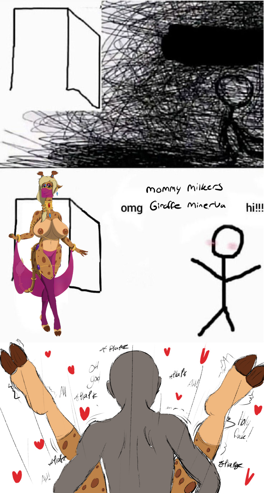 &lt;3 anon anthro big_breasts blush breasts brown_body dialogue duo female giraffe giraffid green_eyes hair hi_res human human_on_anthro interspecies larger_anthro male male/female mammal markings meme minerva_(vexxyvex) offscreen_sex omg_hi! sex shitpost size_difference spots spotted_body spotted_markings spread_legs spreading stick_figure vexxyvex