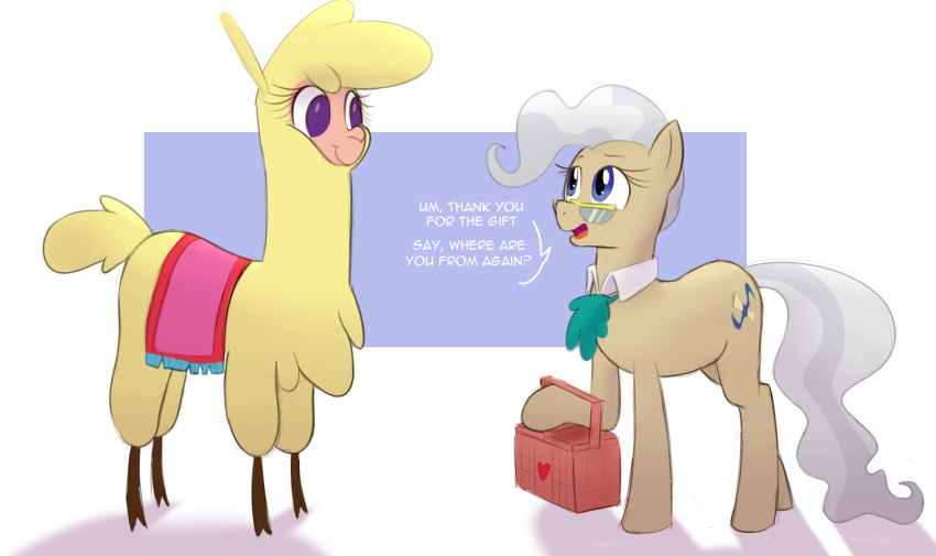 &lt;3 alpaca basket camelid carpet chest_tuft cloven_hooves container cravat cutie_mark duo english_text equid equine eyewear female feral friendship_is_magic glasses grey_hair hair hasbro hi_res hitsuji hooves horse mammal mayor_mare_(mlp) my_little_pony paprika_paca_(tfh) scroll text them's_fightin'_herds tuft