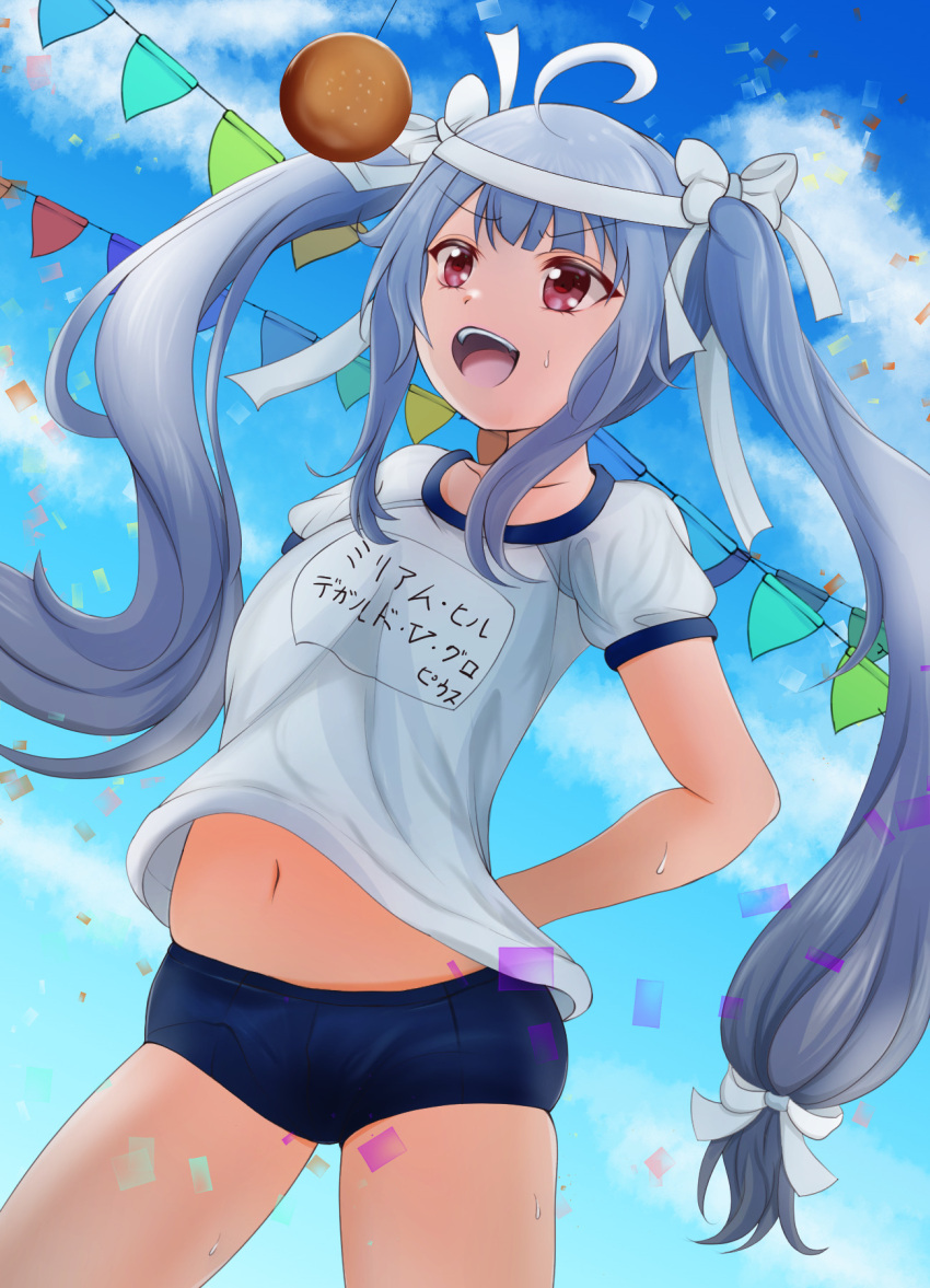 1girl ahoge arms_behind_back assault_lily bangs blue_buruma blue_sky bow bread bread_eating_race buruma clothes_lift cloud collarbone commentary_request confetti cowboy_shot day dutch_angle food grey_hair gym_uniform haion_runa hair_bow headband highres long_hair looking_at_food miriam_hildegard_von_gropius name_tag navel open_mouth outdoors pennant pink_eyes shirt shirt_lift short_sleeves sidelocks sky solo sports_festival standing stomach string_of_flags sweat teeth twintails upper_teeth v-shaped_eyebrows very_long_hair white_bow white_headband white_shirt