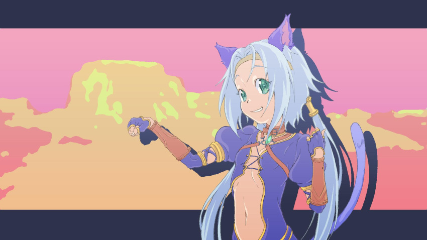 1girl animal_ears blue_hair cat_ears fingerless_gloves gloves green_eyes highres kaien_advance long_hair looking_at_viewer low_twintails meracle_chamlotte navel smile solo star_ocean star_ocean_the_last_hope twintails