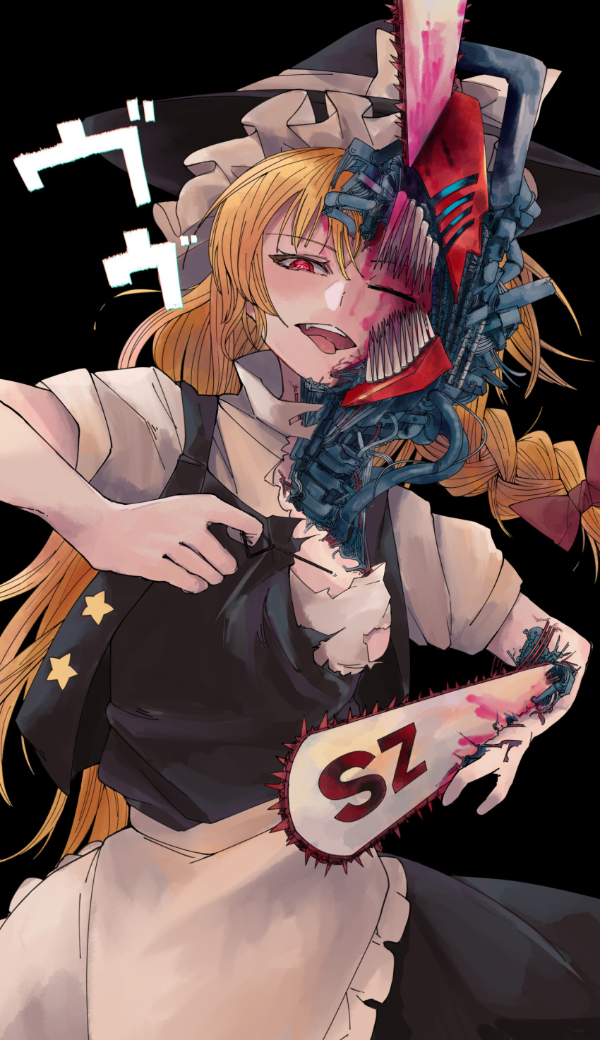 1girl absurdres apron balenciaguy bangs black_headwear black_skirt black_vest blonde_hair blood blush bow braid chain chainsaw_devil chainsaw_man commentary_request cookie_(touhou) cowboy_shot frilled_apron frills hair_bow hat hat_bow highres kirisame_marisa long_hair looking_at_viewer one_eye_closed open_mouth red_bow red_eyes shirt side_braid simple_background single_braid skirt solo star_(symbol) suzu_(cookie) tongue tongue_out torn_clothes torn_shirt torn_vest touhou unusually_open_eyes vest waist_apron white_apron white_bow white_shirt witch_hat