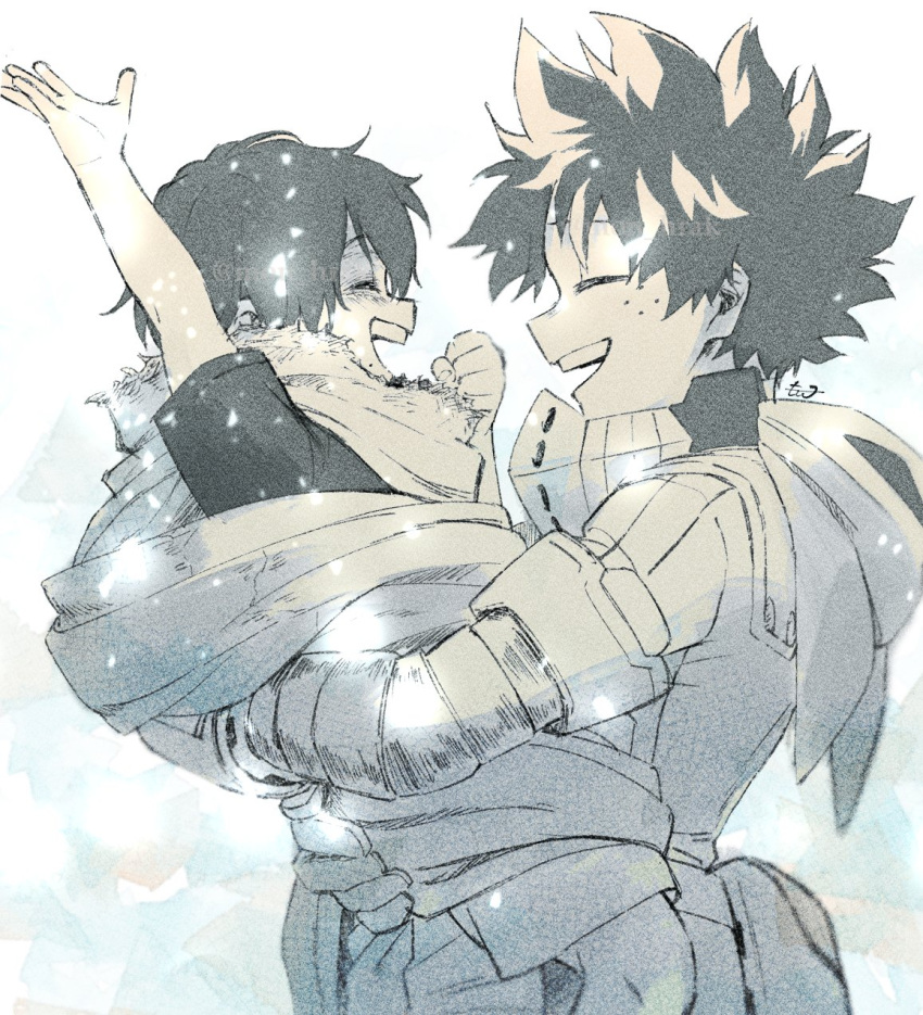 2boys aged_down arm_up blurry bodysuit boku_no_hero_academia cape carrying check_spoilers child child_carry clenched_hand closed_eyes facing_another film_grain freckles from_side glowing happy highres hug male_child midoriya_izuku mole mole_under_mouth mon_hrak multiple_boys open_hand profile shigaraki_tomura short_hair short_sleeves smile teeth twitter_username upper_body upper_teeth watermark