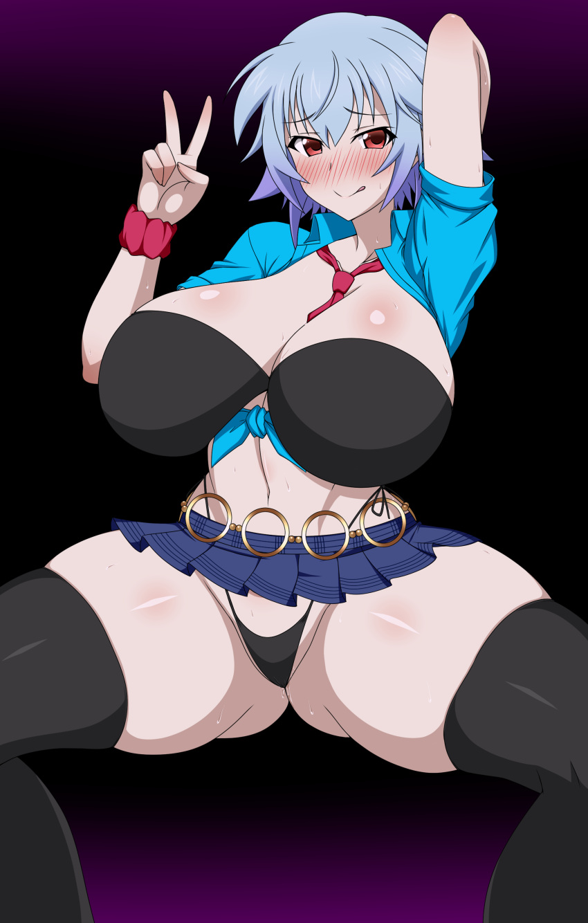 1girl :p absurdres arm_up ass_visible_through_thighs between_breasts bikini bikini_under_clothes black_bikini blue_hair blush breasts front-tie_top highres infinite_stratos large_breasts looking_at_viewer microskirt necktie necktie_between_breasts red_eyes red_necktie sarashiki_tatenashi senki_zesshou_symphogear shiny shiny_hair shiny_skin short_hair skindentation skirt solo space_gorilla spread_legs sweat swimsuit thick_thighs thighs tongue tongue_out v