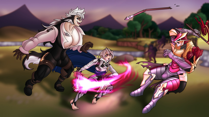 16:9 absurd_res ahegarou angry animal_humanoid armor barefoot battle big_pecs black_hair broken_weapon canid canid_humanoid canine canine_humanoid colored_fire corrin_(fire_emblem) corrin_(fire_emblem)_(male) duo feet fighting_pose fire fire_emblem fire_emblem_fates fire_emblem_heroes fluffy fluffy_ears fluffy_tail girly hair hi_res human humanoid keaton_(fire_emblem) licking licking_lips long_hair male male/male mammal mammal_humanoid melee_weapon muscular nintendo pecs pink_fire pose size_difference smug sword tongue tongue_out video_games weapon white_hair widescreen wolf_humanoid wolfskin yelling