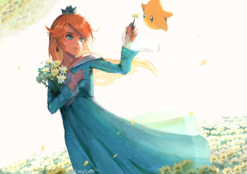 1girl backlighting blonde_hair blue_dress blue_eyes crown dress ellanotte flower highres long_hair looking_at_another luma_(mario) mario_(series) nintendo rosalina smile super_mario_galaxy