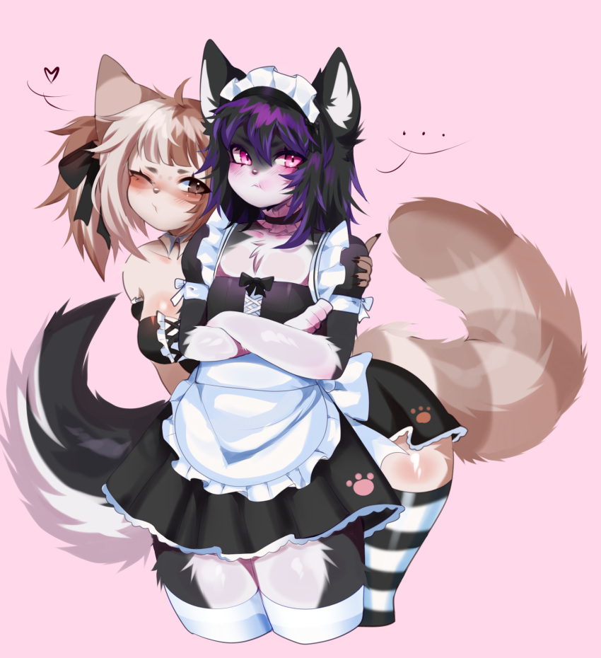 &lt;3 anthro blush breasts canid canine canis cleavage clothed clothing crossdressing crossed_arms domestic_dog duo ellipsis female fredek666 girly hi_res husky kino_strife legwear maid_uniform male male/female mammal nordic_sled_dog one_eye_closed pouting raccoon_dog siberian_husky spitz tanuki thigh_highs uniform wink