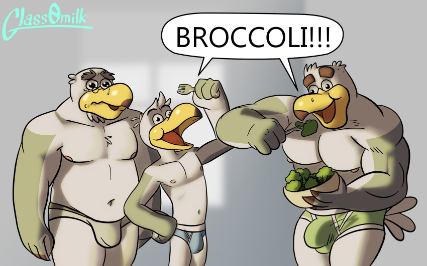 absurd_res anthro avian ayden_(brogulls) bailey_(brogulls) bird broccoli bulge clothed clothing food glass0milk gull hi_res lari larid male meme plant shitpost underwear underwear_only vegetable wilson_(brogulls)