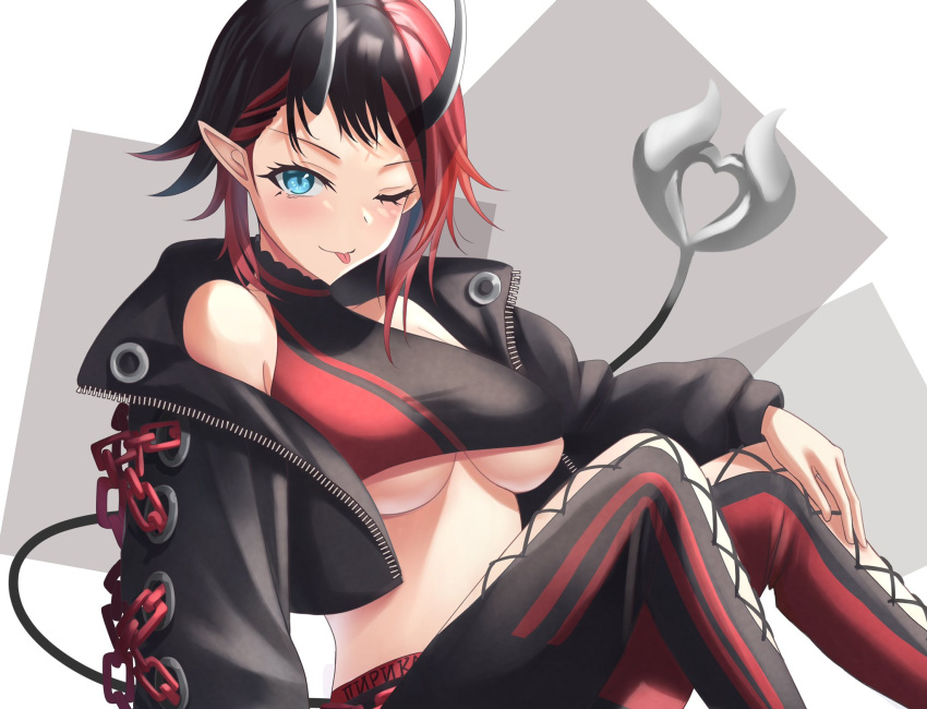 1girl bangs black_hair black_jacket black_pants black_sports_bra blue_eyes blush breasts closed_mouth commentary cropped_jacket cross-laced_pants demon_girl demon_horns demon_tail feet_out_of_frame ff-aerith-lightning-tifa1021 highres horns jacket looking_at_viewer medium_breasts multicolored_hair off_shoulder one_eye_closed pants pointy_ears red_hair red_pants red_sports_bra ryugasaki_rene short_hair smile solo sports_bra sugar_lyric tail tongue tongue_out two-tone_hair underboob virtual_youtuber zipper