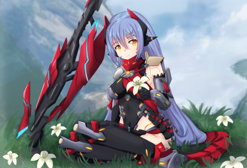 1girl android daenu flower grass highleg highleg_leotard highres joints leotard long_hair poppi_(xenoblade) poppi_qtpi_(xenoblade) robot_ears robot_joints solo sword very_long_hair weapon xenoblade_chronicles_(series) xenoblade_chronicles_2 yellow_eyes