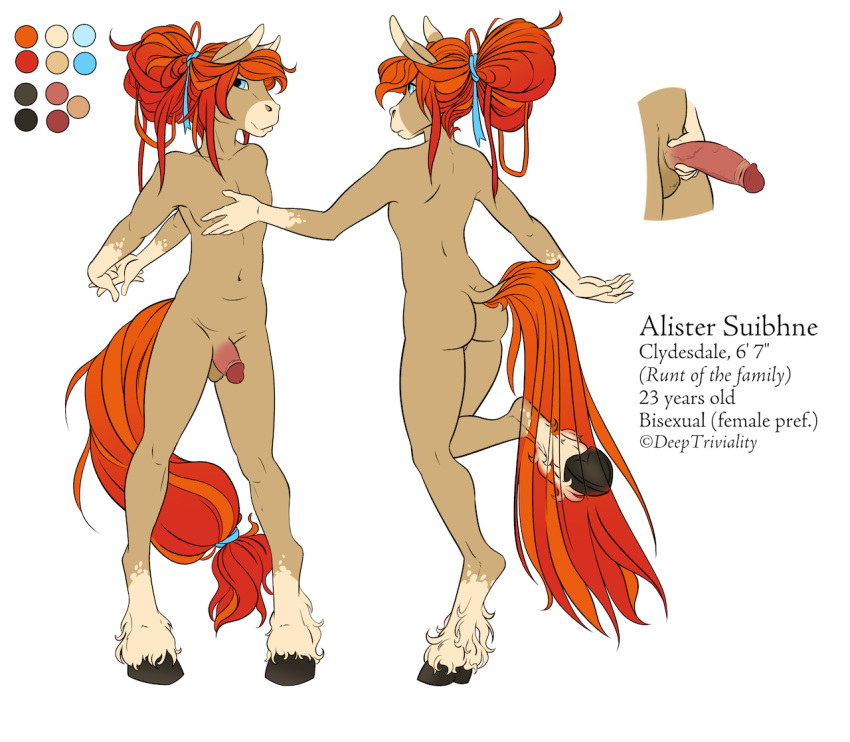 alister_(chromatophore) alister_suibhne anthro blue_eyes brown_body brown_fur butt chromatophore equid equine erection flaccid fur genitals hair hooves horse humanoid_genitalia humanoid_penis male mammal model_sheet navel nude orange_hair penis simple_background solo white_background