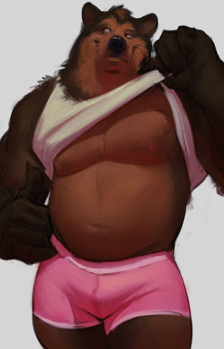 2022 absurd_res anthro artbymashy belly black_nose boxer_briefs brown_body brown_countershading brown_fur bulge clothed clothing clothing_lift colored countershade_torso countershading fur gesture hi_res male mammal multicolored_body multicolored_fur muscular muscular_male muscular_thighs navel nipples pink_boxer_briefs pink_clothing pink_nipples pink_underwear portrait shirt shirt_lift simple_background smile solo tank_top three-quarter_portrait thumbs_up topwear two_tone_body two_tone_fur underwear ursid whiskers white_background white_clothing white_shirt white_tank_top white_topwear white_whiskers