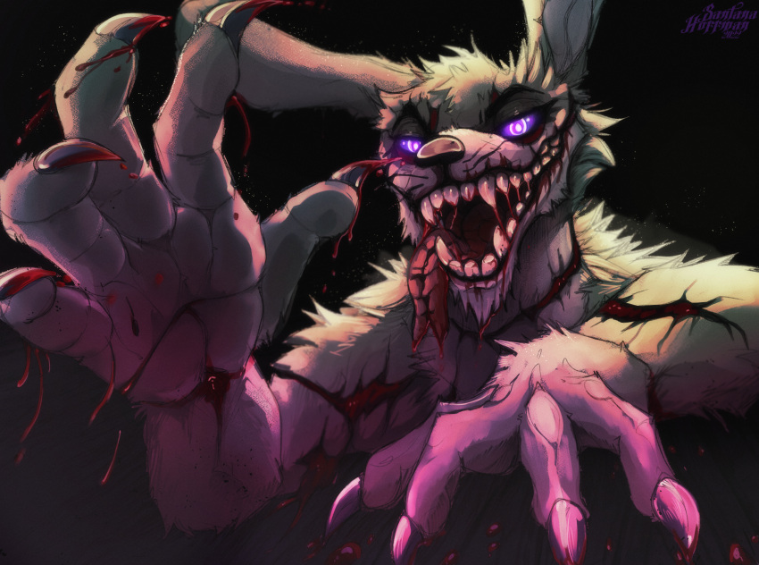2022 anthro black_background blood blood_in_mouth blood_on_claws blood_on_teeth blood_on_tongue bodily_fluids cheek_tuft chin_tuft dated facial_tuft five_nights_at_freddy's forked_tongue front_view fur glowing glowing_eyes head_tuft hi_res lagomorph leporid looking_at_viewer male mammal narrowed_eyes open_mouth rabbit red_tongue santanahoffman scottgames shoulder_tuft signature simple_background solo tan_body tan_fur tongue tuft video_games wounded