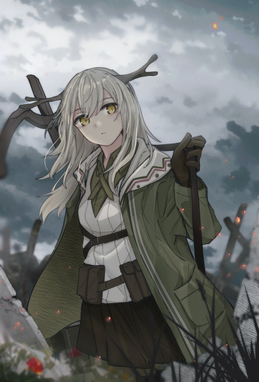 1girl absurdres antlers arknights black_gloves black_skirt cloud cloudy_sky coat cowboy_shot day firewatch_(arknights) gloves green_coat grey_hair highres long_hair long_sleeves looking_at_viewer miniskirt open_clothes open_coat outdoors parted_lips ruins sasahara_(shou_goi) shirt skirt sky solo weapon weapon_on_back white_shirt yellow_eyes