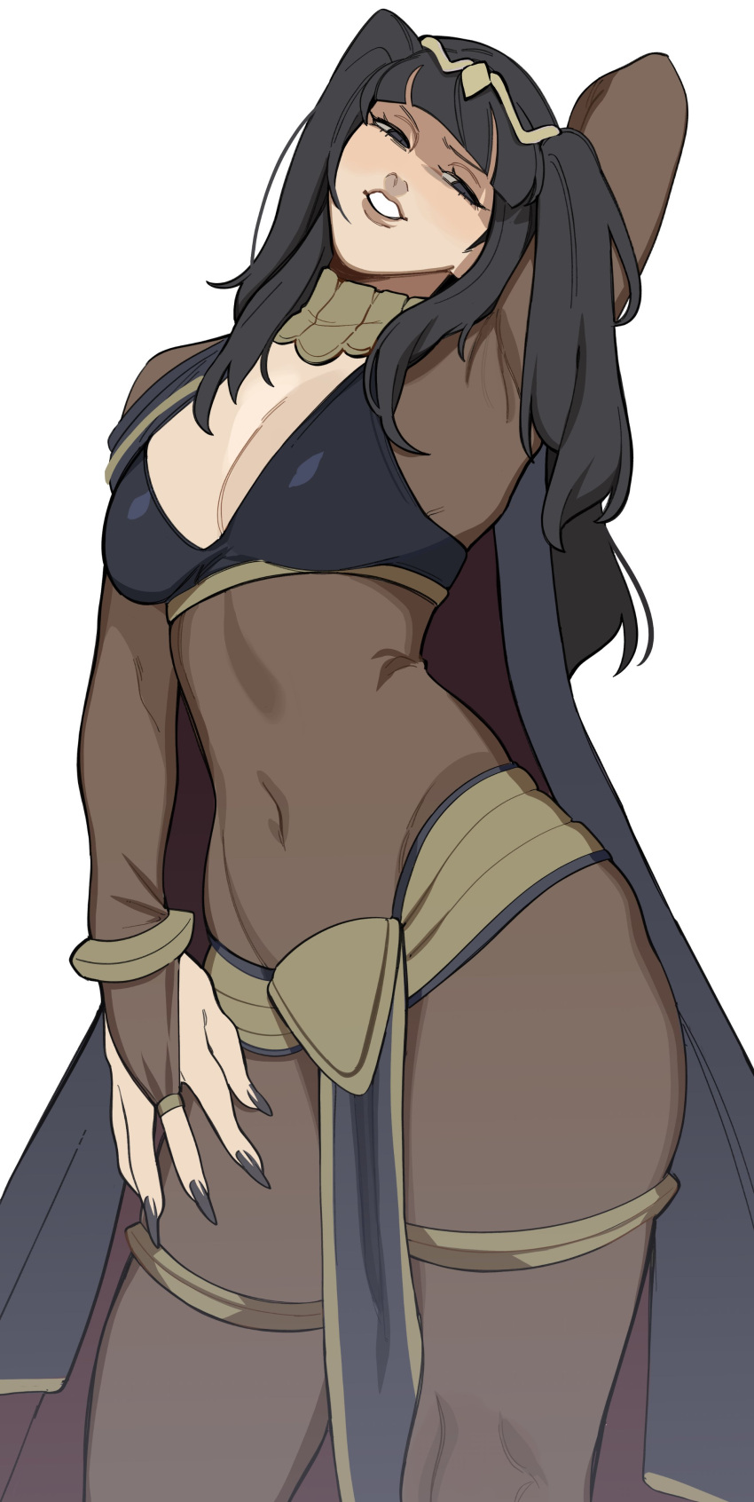 1girl absurdres armpits bangs black_hair blunt_bangs bodystocking bodysuit breasts bridal_gauntlets cape cleavage commission covered_navel english_commentary fire_emblem fire_emblem_awakening highres jewelry long_hair looking_at_viewer medium_breasts porqueloin smile solo tharja_(fire_emblem) tiara