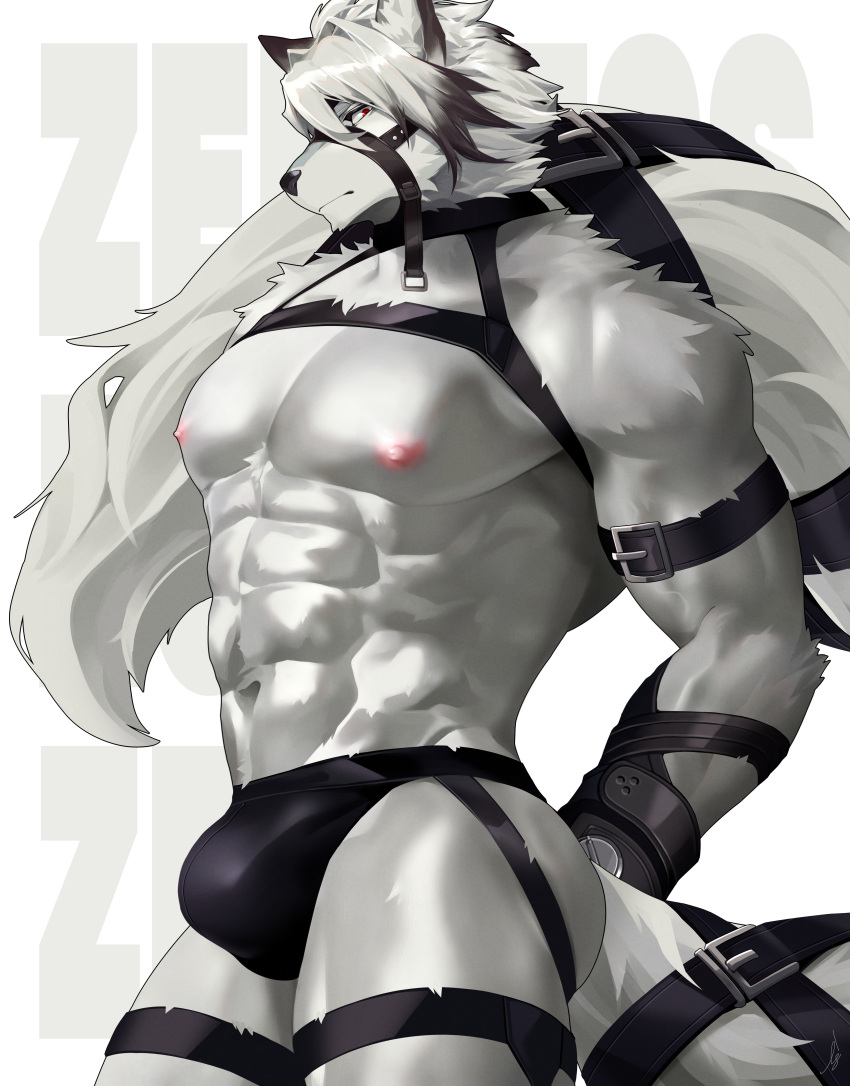 abs absurd_res anthro belt biceps black_bottomwear black_clothing bottomwear bulge butler canid canine canis clothed clothing fur hair handwear harness hi_res ig ig1119 male mammal mihoyo muscular muscular_anthro muscular_male neck_tuft nipples pecs red_eyes solo suspenders topless topless_anthro topless_male tuft video_games von_lycaon white_body white_fur white_hair wolf zenless_zone_zero