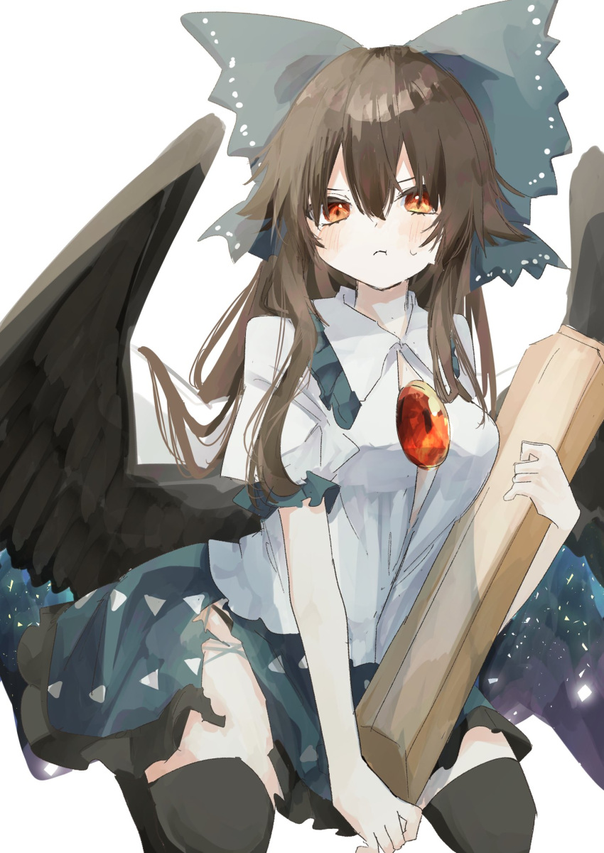 1girl bangs bird_wings black_panties black_thighhighs black_wings bow brown_hair button_gap closed_mouth collared_shirt control_rod green_bow green_skirt hair_bow highres long_hair looking_at_viewer open_mouth panties red_eyes reiuji_utsuho sabatuki shirt simple_background sitting skirt solo thighhighs third_eye touhou triangle_print underwear white_background white_shirt wings