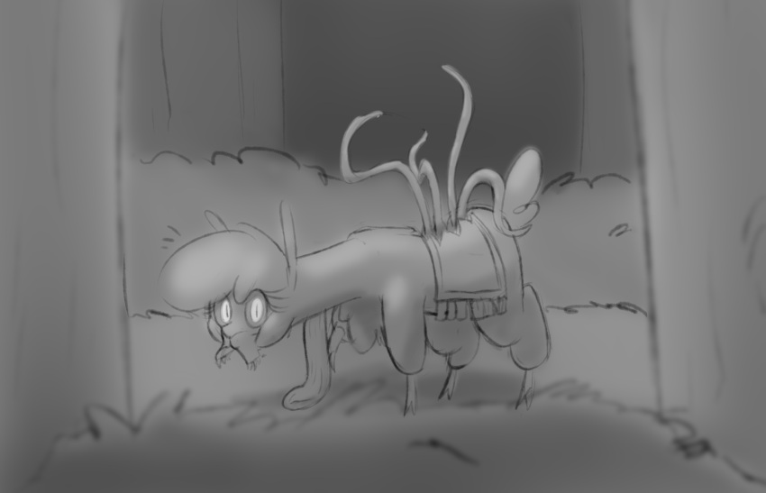 alpaca blurred_foreground body_horror camelid carpet cloven_hooves female feral hi_res hitsuji hooves long_tongue mammal monochrome paprika_paca_(tfh) plant shrub simple_background solo split_mouth tentacles them's_fightin'_herds tongue