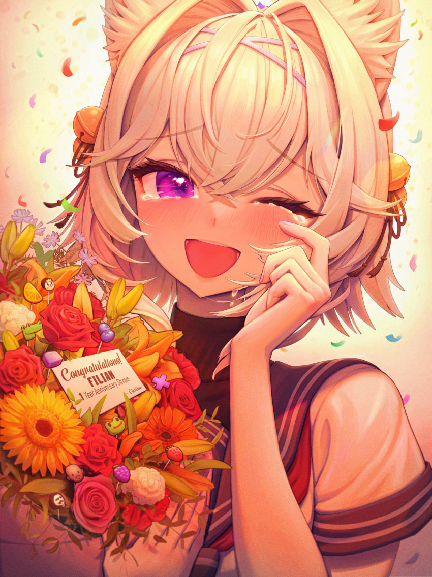 1girl :d animal_ear_fluff animal_ears anniversary artist_name bangs bell blue_sailor_collar blush bouquet cat_ears cat_girl character_name clickdraws commentary confetti congratulations crossed_bangs crying curled_fingers english_commentary eyelashes filian_(vtuber) film_grain flower hair_bell hair_between_eyes hair_intakes hair_ornament hairband half-closed_eyes hand_on_own_face hand_up happy_tears high_collar highres holding holding_bouquet indie_virtual_youtuber jingle_bell looking_at_viewer neckerchief nose_blush one_eye_closed purple_eyes red_flower red_neckerchief sailor_collar school_uniform serafuku short_hair short_sleeves smile solo tears tongue upper_body virtual_youtuber white_hair white_serafuku wiping_tears yellow_background yellow_flower