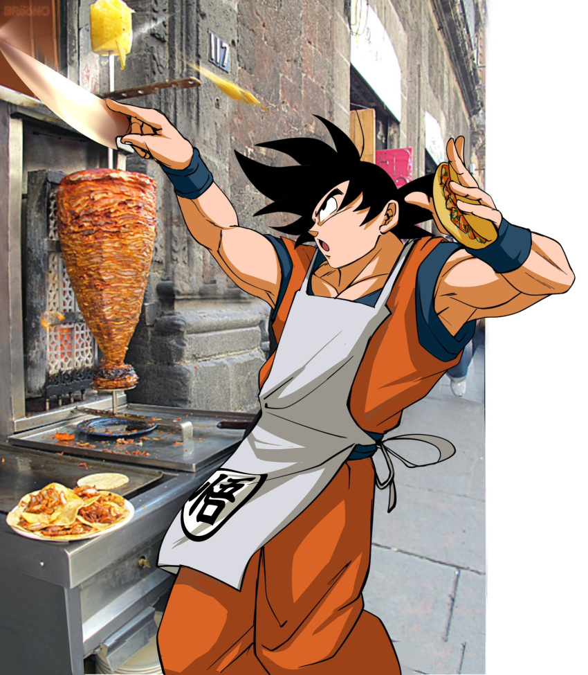 1boy apron arms_up black_eyes blue_sash blue_shirt blue_wristband broonoart dougi dragon_ball food hands_up highres holding holding_food holding_knife knife looking_to_the_side looking_up orange_pants pants photo_background plate sash shirt short_sleeves solo son_goku spanish_commentary spiked_hair standing taco upper_body vertical_rotisserie white_apron