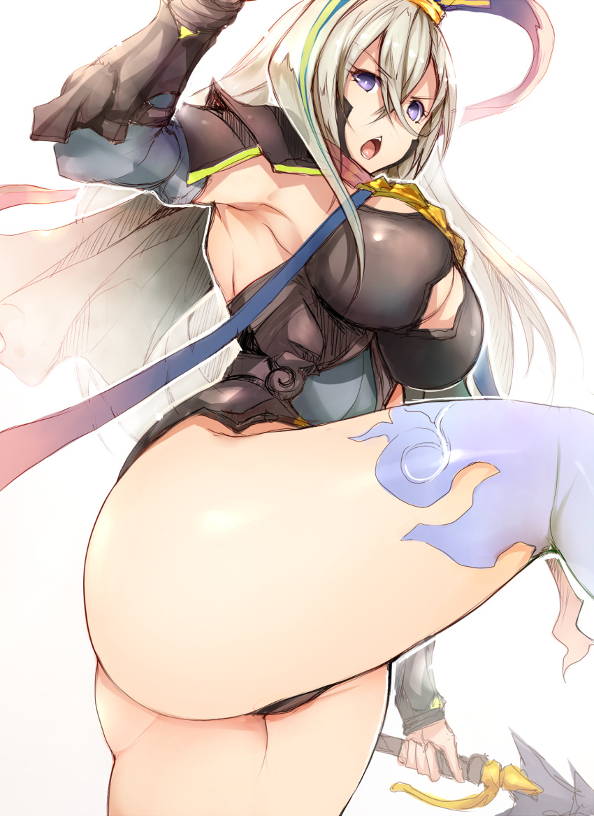 1girl ahoge arm_guards armor armpits bangs blue_thighhighs blush breastplate breasts cleavage cleavage_cutout clothing_cutout covered_navel fate/grand_order fate_(series) gloves gradient_hair grey_leotard hair_between_eyes hair_ornament hairpin highleg highleg_leotard highres huyan_zhuo_(fate) large_breasts leotard long_hair looking_at_viewer multicolored_hair open_mouth pauldrons purple_eyes revision shoulder_armor solo thick_thighs thighhighs thighs tsukasawa_takamatsu very_long_hair weapon white_hair