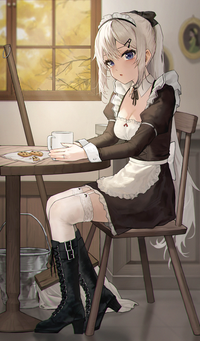1girl 9a-91_(bullets_cafe)_(girls'_frontline) 9a-91_(girls'_frontline) :o absurdres apron bangs black_dress black_footwear blue_eyes boots breasts chair cleavage cookie cup dress food frills full_body garter_straps girls'_frontline grey_hair hair_ornament highres indoors jewelry kir_(khw66136132) knee_boots kneehighs long_sleeves looking_at_viewer maid maid_headdress medium_breasts mop official_alternate_costume parted_lips ponytail ring sitting socks solo thighhighs white_apron white_headwear white_thighhighs window