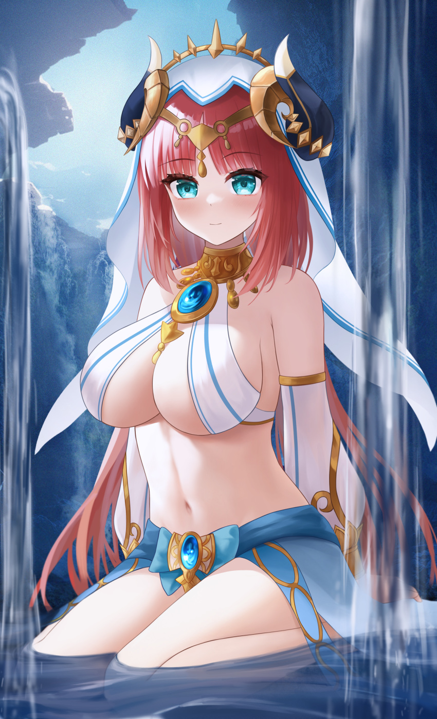1girl absurdres aqua_eyes bangs bare_shoulders blush breasts brooch circlet closed_mouth crop_top detached_sleeves genshin_impact gold_trim harem_outfit highres horns jewelry large_breasts liht long_hair long_sleeves looking_at_viewer neck_ring nilou_(genshin_impact) parted_bangs puffy_long_sleeves puffy_sleeves red_hair sitting skirt smile solo thighs twintails vambraces veil vision_(genshin_impact) water white_headwear
