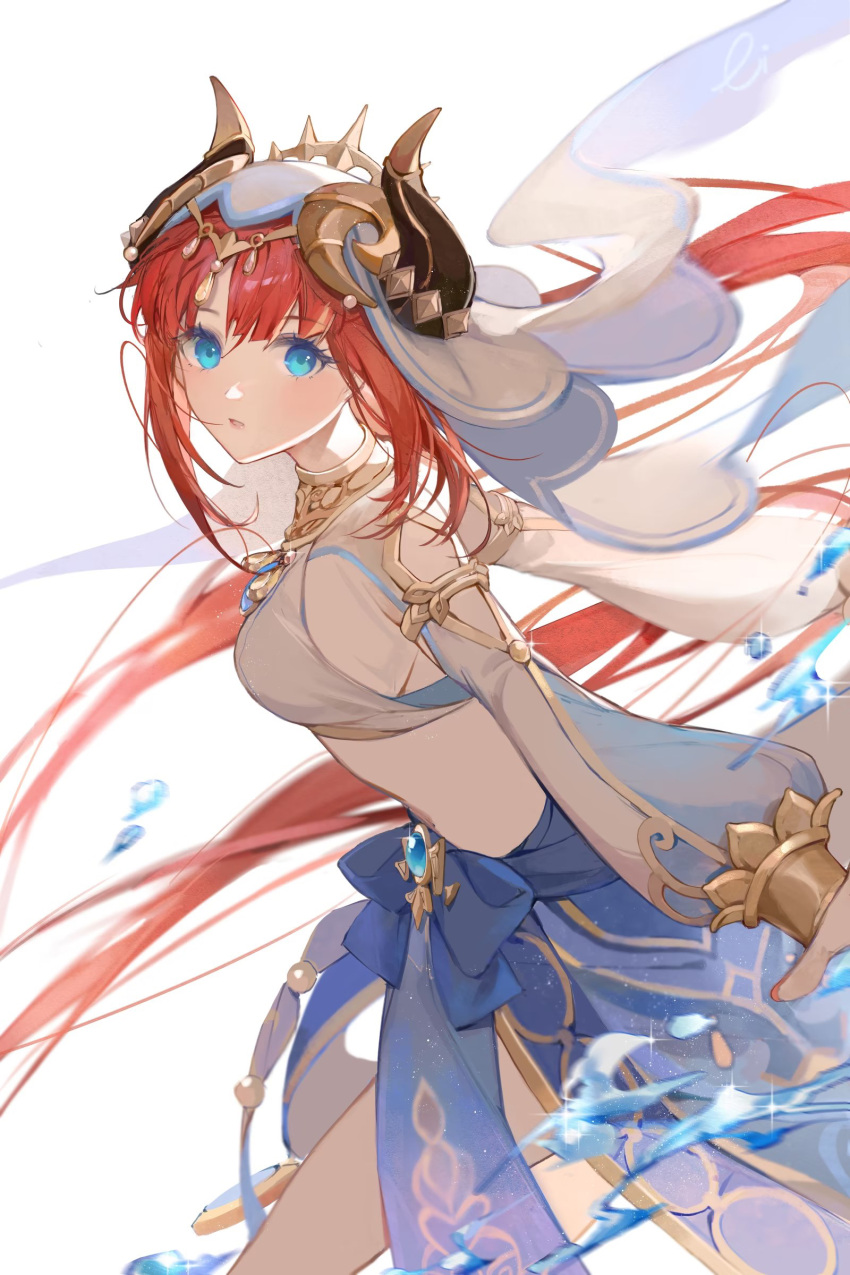 1girl absurdres bangs blue_eyes blue_skirt breasts brooch commentary_request cowboy_shot crop_top genshin_impact highres horns jewelry large_breasts lizi_(st3648) long_hair long_sleeves looking_at_viewer midriff nilou_(genshin_impact) parted_lips red_hair simple_background skirt solo standing veil very_long_hair white_background