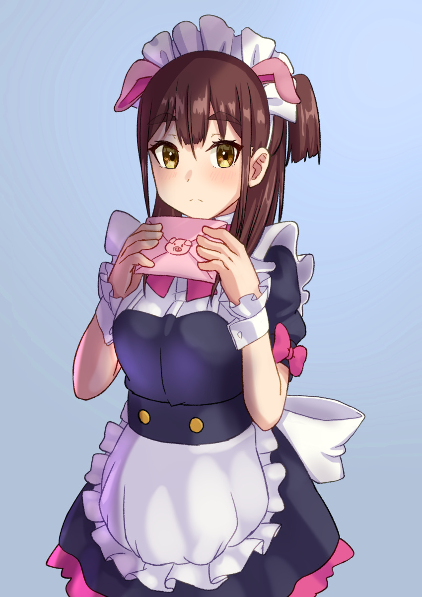 1girl absurdres akiba_maid_sensou animal_ears apron bow brown_eyes brown_hair envelope fake_animal_ears grey_background highres holding holding_letter kogefumi letter long_hair looking_at_viewer maid maid_apron maid_headdress pig_ears pink_bow short_sleeves simple_background solo standing wahira_nagomi wrist_cuffs