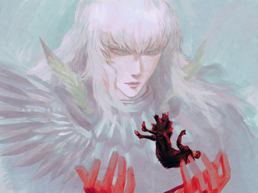 2boys amuii armor artist_name berserk black_cape black_hair blood blood_on_hands blue_eyes cape closed_mouth falling giant griffith_(berserk) guts_(berserk) highres long_hair looking_at_another male_focus multiple_boys prosthesis prosthetic_arm spiked_hair white_hair
