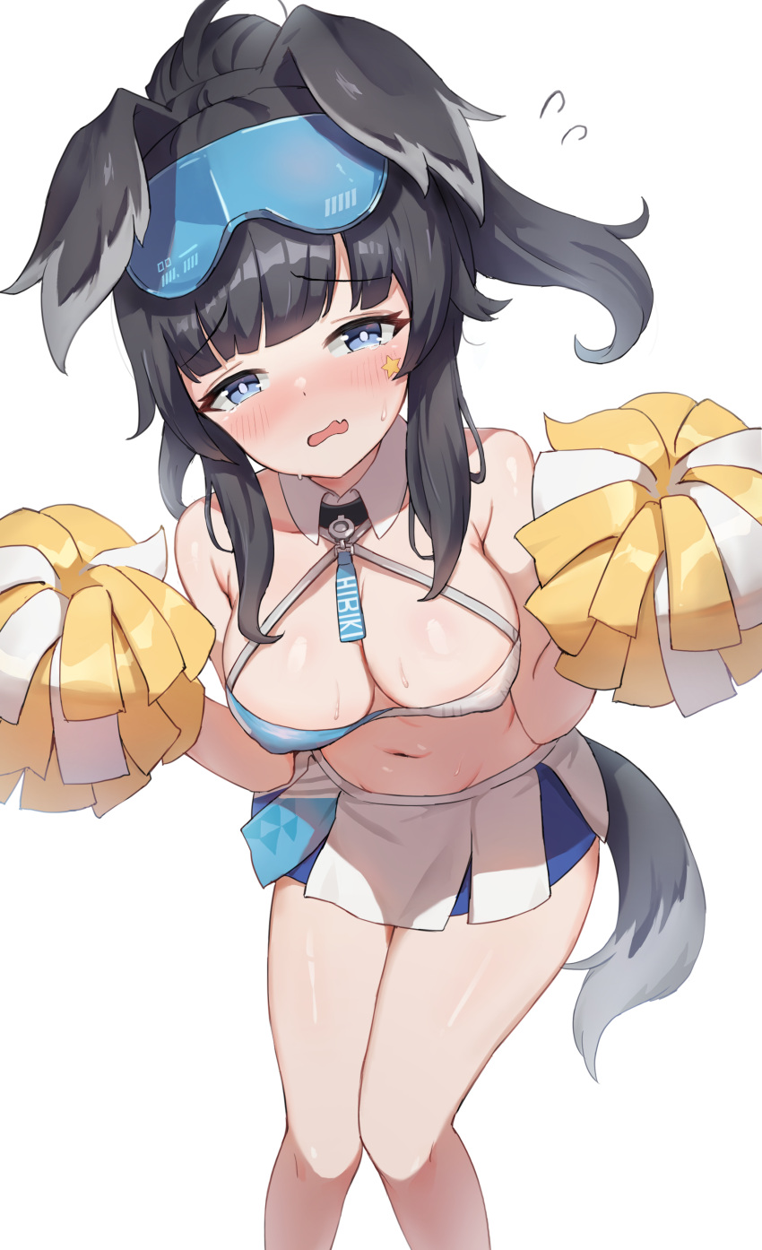 1girl absurdres animal_ears black_hair blue_archive blue_eyes blush breasts bright_pupils cheerleader cleavage crop_top dog_ears dog_girl dog_tail feet_out_of_frame goggles goggles_on_head hibiki_(blue_archive) hibiki_(cheerleader)_(blue_archive) highres holding holding_pom_poms jag_ging leaning_forward looking_at_viewer medium_breasts miniskirt navel open_mouth pom_pom_(cheerleading) ponytail simple_background skirt tail white_background