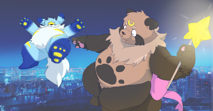 2022 anthro belly big_belly biped blue_body brown_body brown_fur canid canine canis domestic_dog duo eyes_closed fur hi_res humanoid_hands inunoshippo kemono mammal outside overweight raccoon_dog tanuki