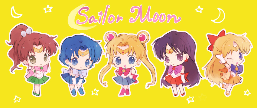 5girls absurdres aino_minako back_bow bangs bishoujo_senshi_sailor_moon black_hair blonde_hair blue_eyes blue_hair bow brown_hair chibi circlet copyright_name double_bun earrings gloves green_eyes hair_bobbles hair_bow hair_bun hair_ornament hano_luno highres hino_rei jewelry kino_makoto leotard long_hair mizuno_ami multiple_girls one_eye_closed parted_bangs pleated_skirt ponytail purple_eyes sailor_jupiter sailor_mars sailor_mercury sailor_moon sailor_senshi sailor_senshi_uniform sailor_venus short_hair skirt smile tsukino_usagi twintails very_long_hair yellow_background