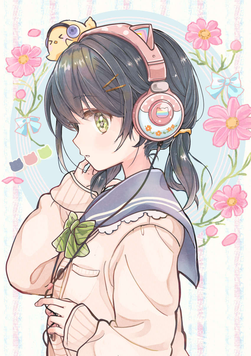 1girl absurdres animal animal_on_head bangs bird black_hair blush bow bowtie cable cardigan cat_ear_headphones chick flower green_eyes hacosumi hair_ornament hair_tie hairclip headphones highres holding holding_cable long_hair long_sleeves looking_at_viewer looking_to_the_side low_twintails on_head original parted_lips school_uniform serafuku sleeves_past_wrists solo striped striped_bow striped_bowtie twintails