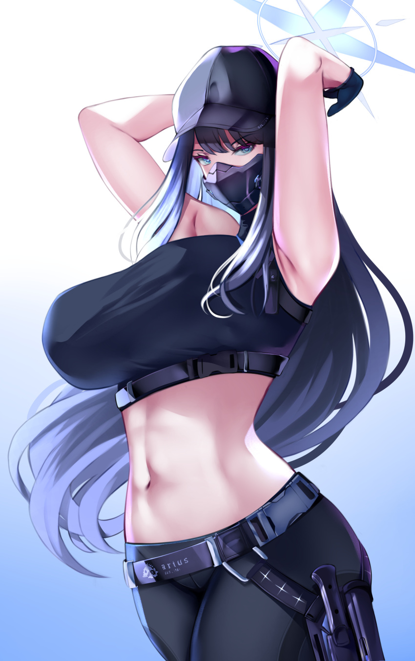 1girl absurdres armpits arms_behind_head arms_up baseball_cap black_gloves black_hair black_headwear black_mask black_pants black_shirt blue_archive blue_eyes breasts chest_harness crop_top gloves halo harness hat highres karma3009 knife_holster large_breasts long_hair mask midriff mouth_mask pants saori_(blue_archive) shirt sleeveless sleeveless_shirt snap-fit_buckle underbust