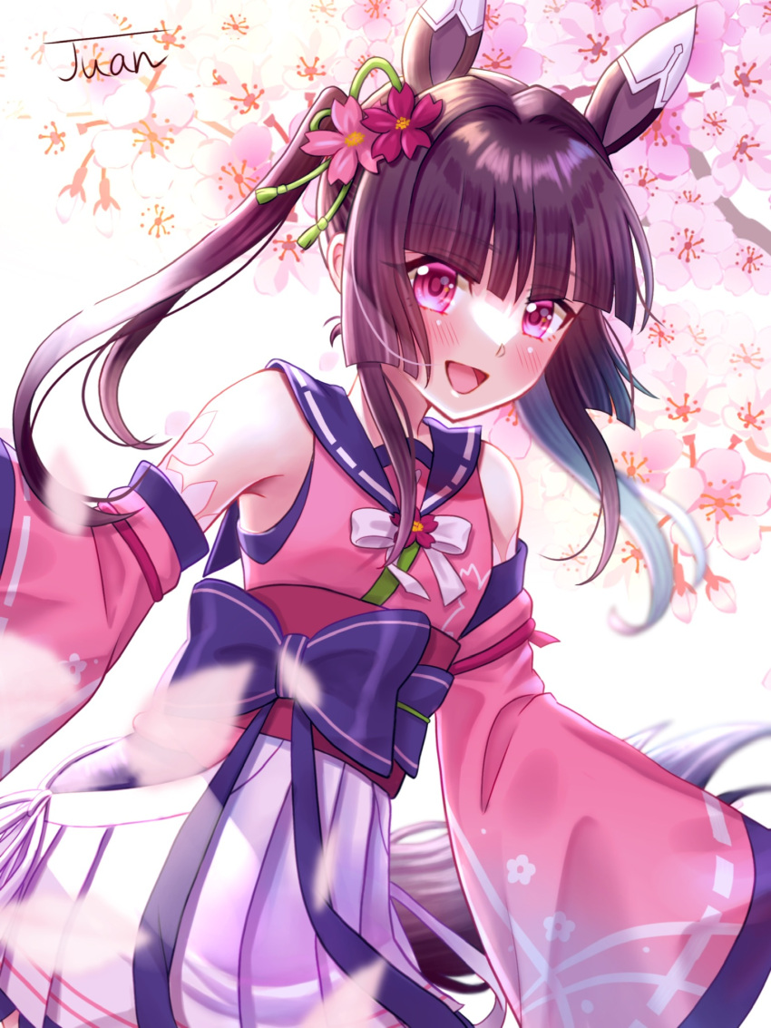 1girl :d bangs blunt_bangs blush brown_hair cherry_blossoms detached_sleeves floating_hair flower hair_flower hair_intakes hair_ornament hakama hakama_skirt highres japanese_clothes juan_0121 kimono long_hair long_sleeves open_mouth pink_eyes pink_flower pink_kimono pink_sleeves purple_sailor_collar red_flower ribbon sailor_collar senki_zesshou_symphogear shiny shiny_hair skirt sleeveless sleeveless_kimono smile solo tsukuyomi_shirabe twintails white_hakama white_ribbon wide_sleeves